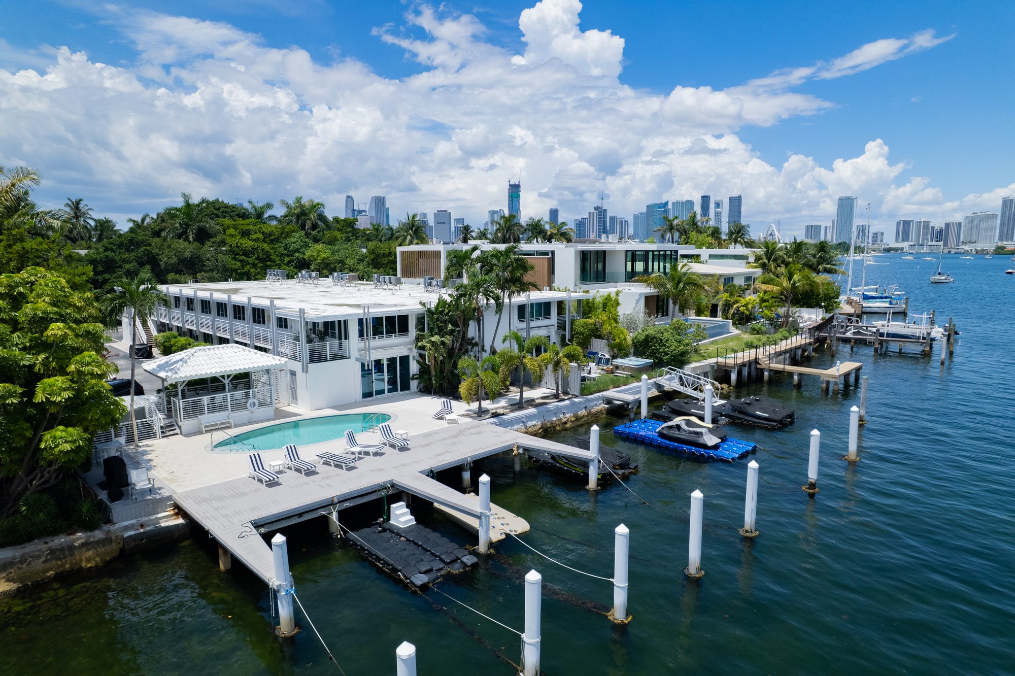 Waterfront homes on Biscayne Bay with the Miami skyline