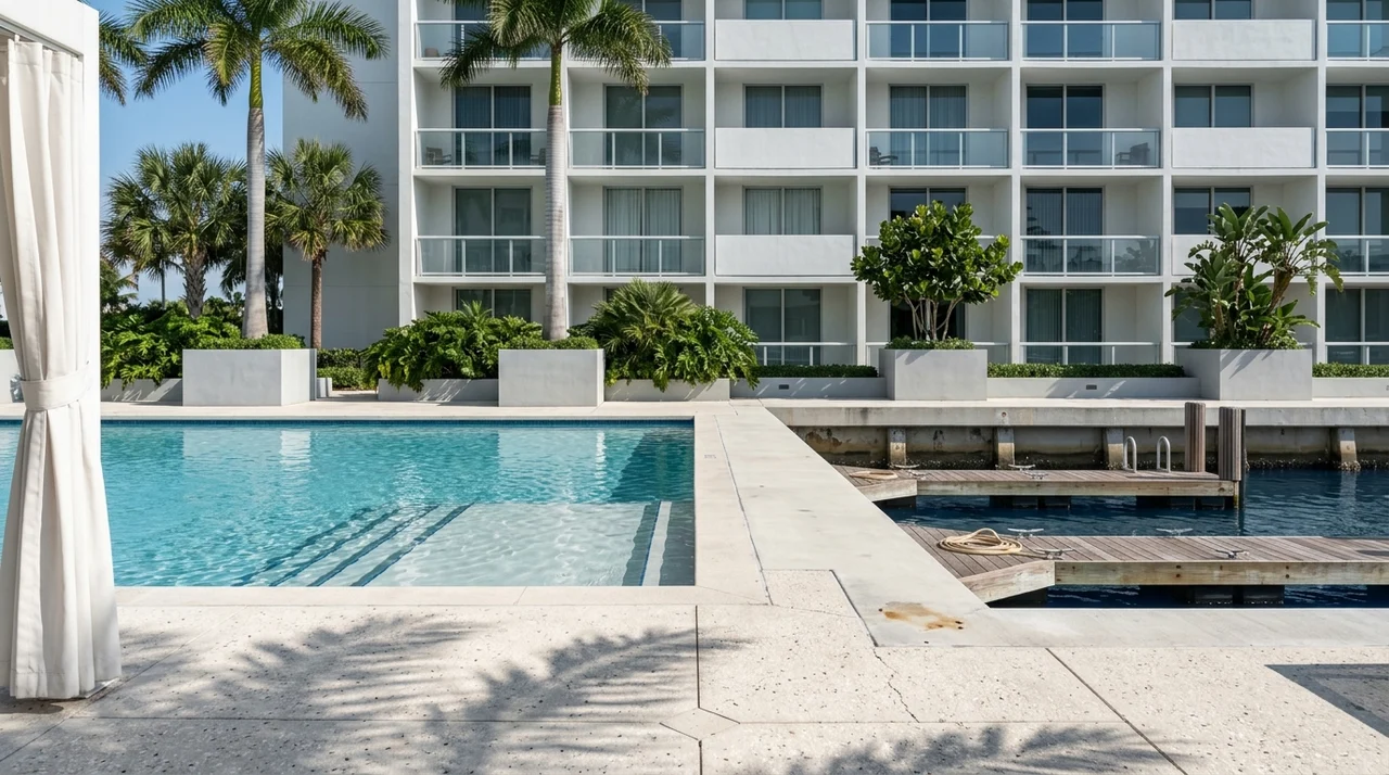 Poolside view toward a dock and seawall, with tropical planting and a white tower lined with glass balconies.