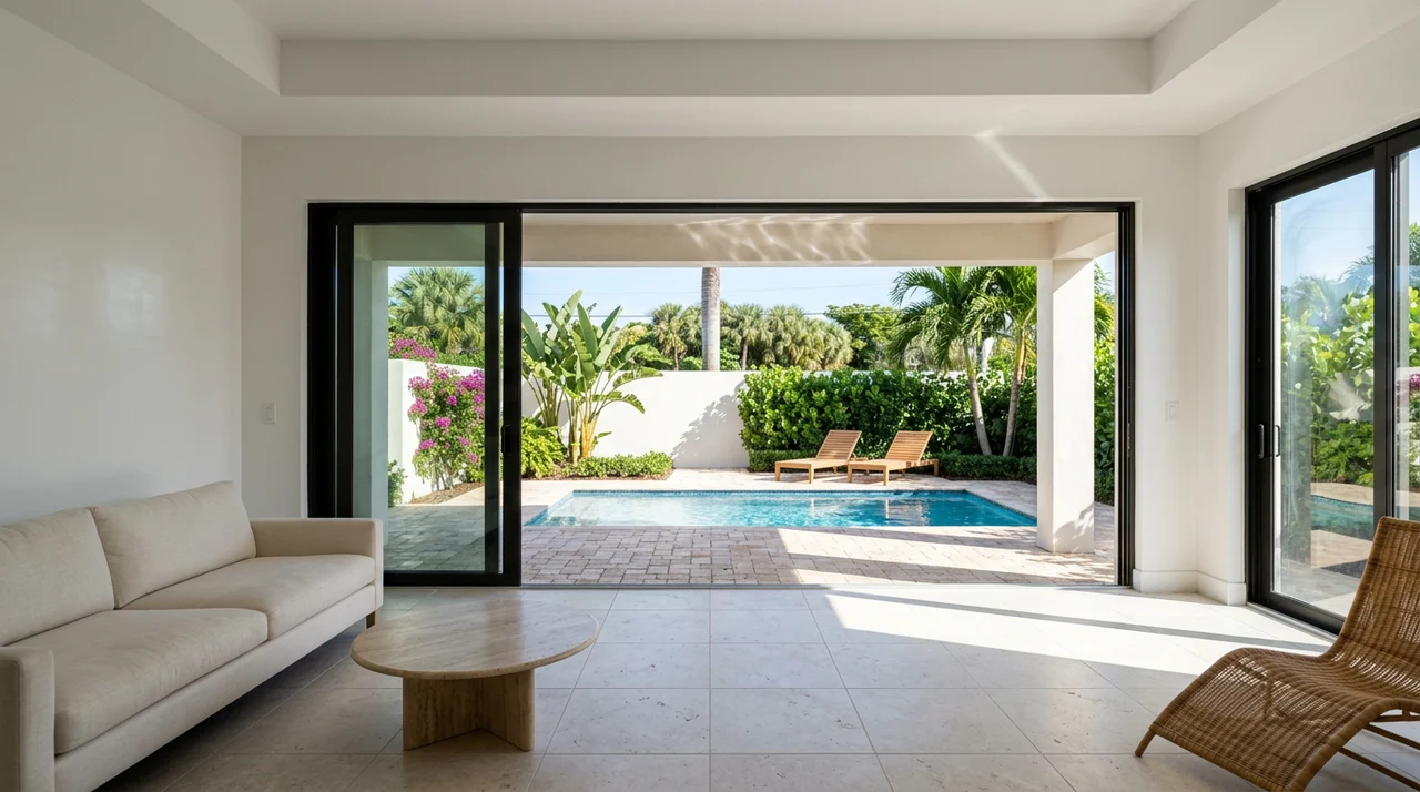 Formal sitting room opens through black-framed glass doors onto a coral-stone pool terrace with tropical plants.