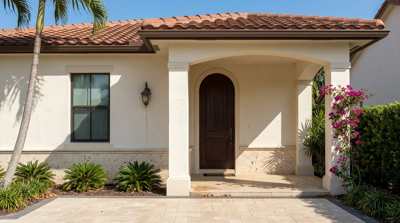 Stucco entry portico with arched mahogany doorway, limestone path, palm fronds, and magenta bougainvillea.