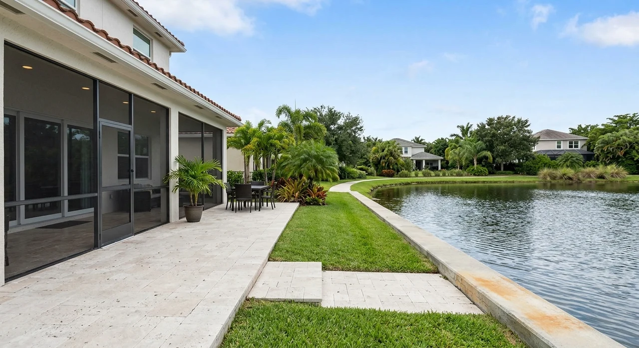 Lakefront homes and palm trees in Miramar, Florida
